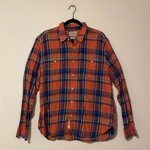 Lucky Brand Mens 100% cotton Button Up XL Orange Plaid Permanent Fit